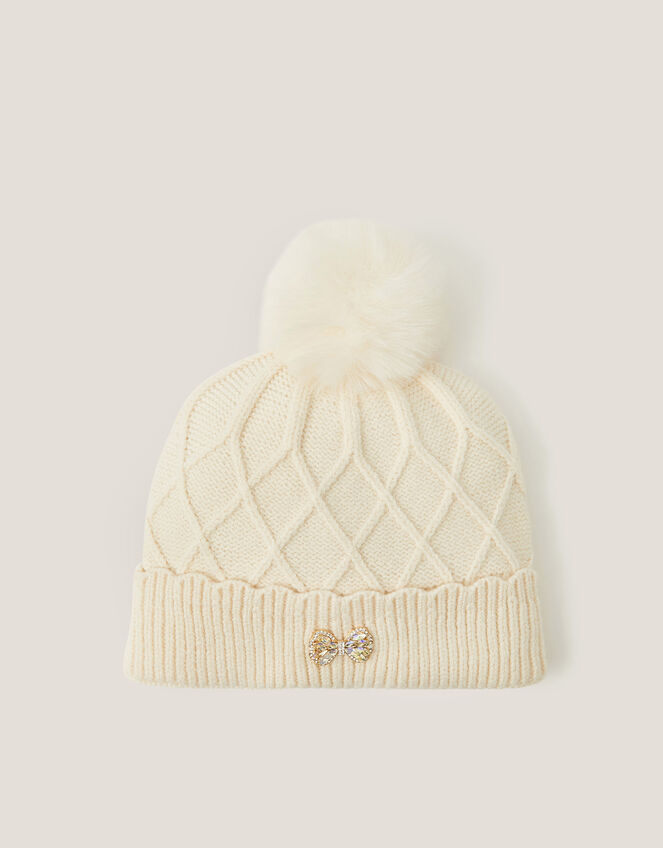Bow Pom-Pom Beanie Hat, Ivory (IVORY), large