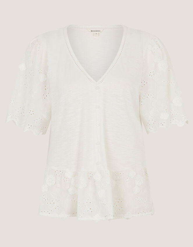 Freya V-Neck Floral Broderie Top, Ivory (IVORY), large