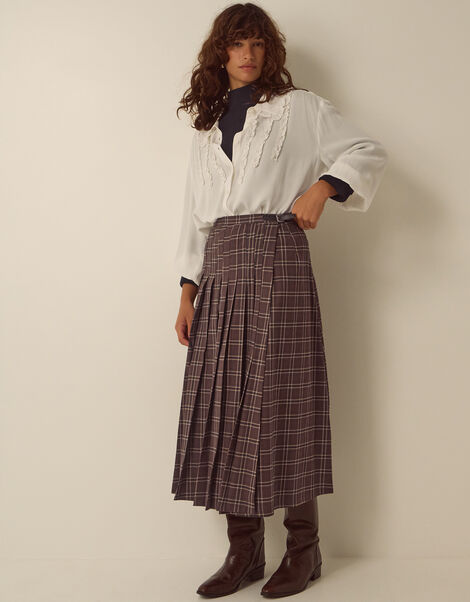 Gracie Check Print Midi Skirt, Brown (BROWN), large