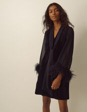 Sadie V-Neck Faux Feather Velvet Mini Dress, Black (BLACK), large