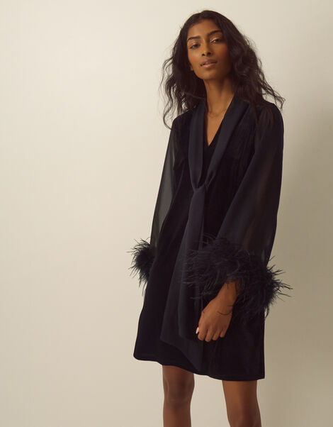 Sadie V-Neck Faux Feather Velvet Mini Dress, Black (BLACK), large