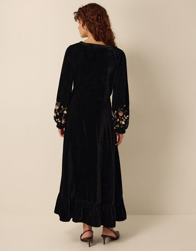 Clemence Constance V-Neck Floral Embroidered Velvet Midi Dress, Black (BLACK), large