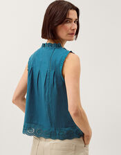Trish Sleeveless Broderie Frill Top, Teal (TEAL), large
