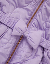 Faux Fur Hooded Bow Quilted Coat, Purple (LILAC), large